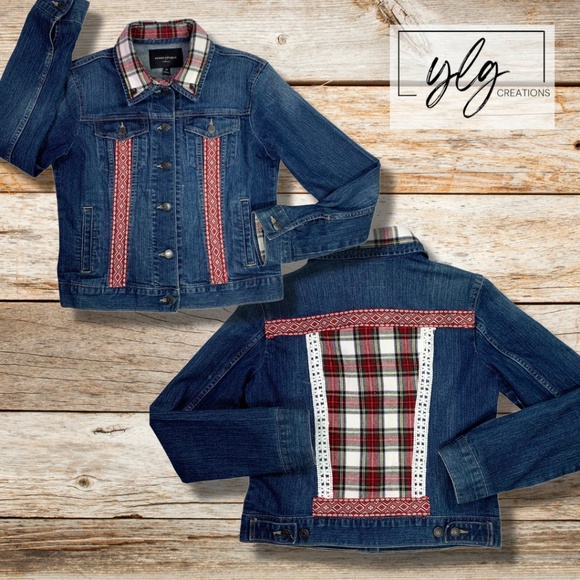Banana Republic Denim Jacket Boho Red Plaid Jean Winter Nordic Trim Womens Large - Picture 1 of 16